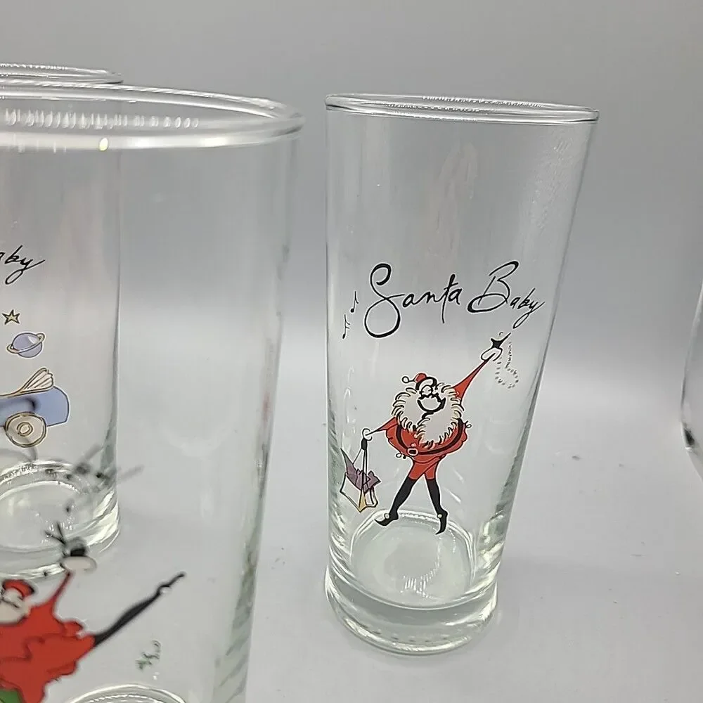 Set (4) Pottery Barn Highball Drinking Glasses  Christmas “Santa Baby” New